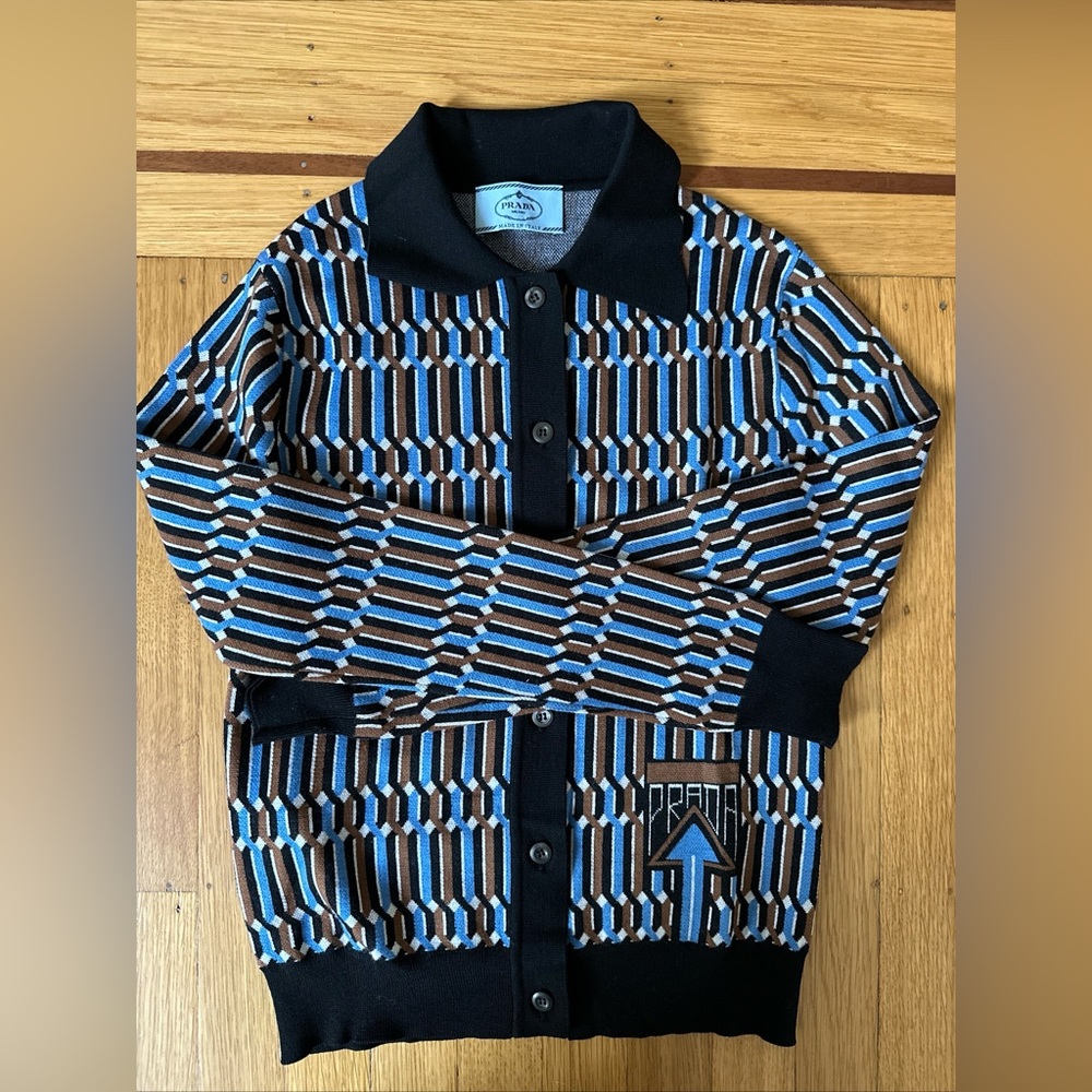 Prada Geometric Print Blue Brown Button Collared Knit Cardigan size 36